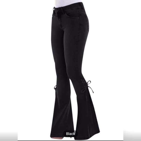 Women's Black Bell Bottom Stretchy Jeans with Lace-Up Bottoms - Picture 2 of 5